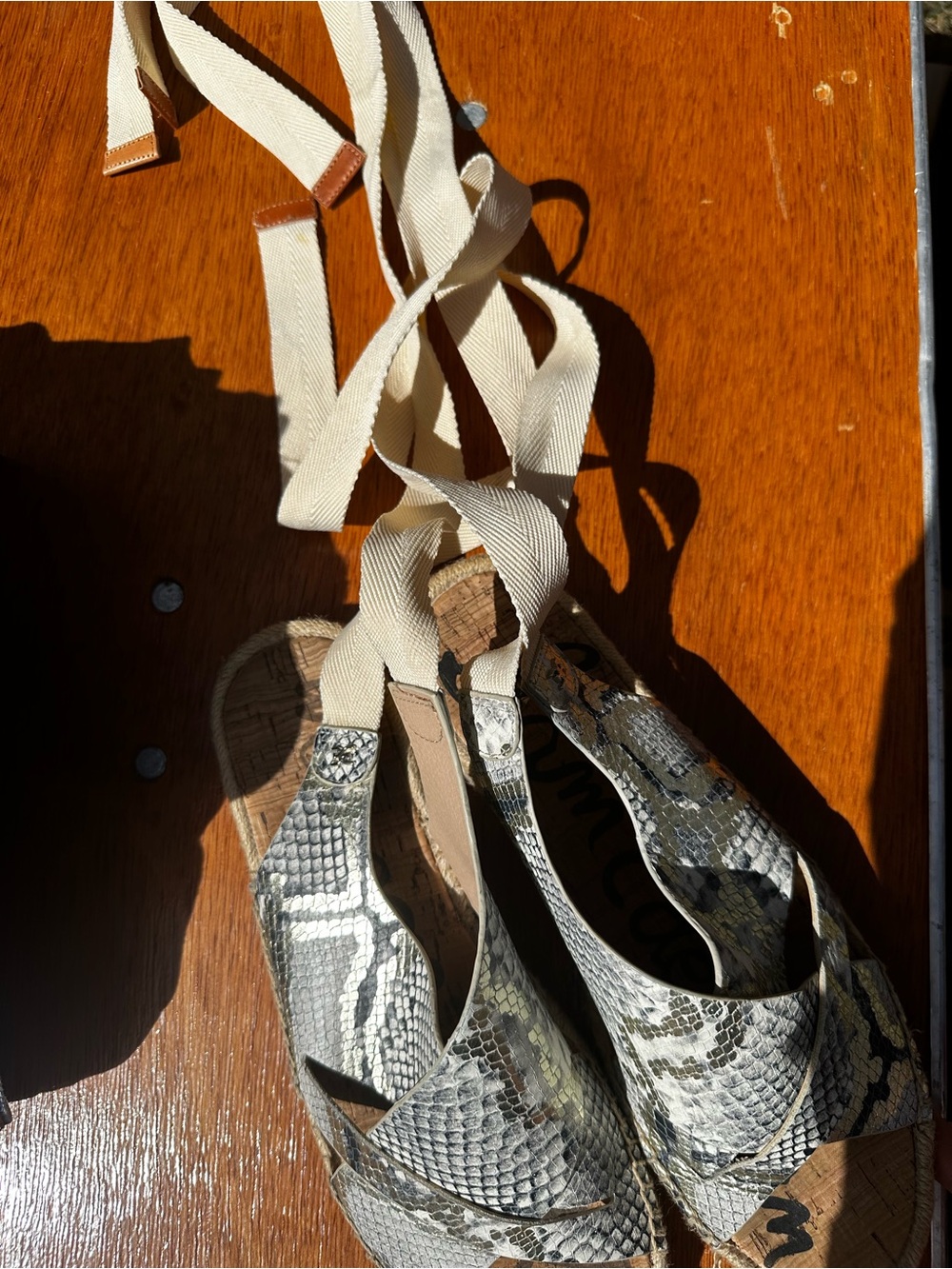 Sam Edelman Snake-Print Espadrille Sandals with Cream Ankle Ties